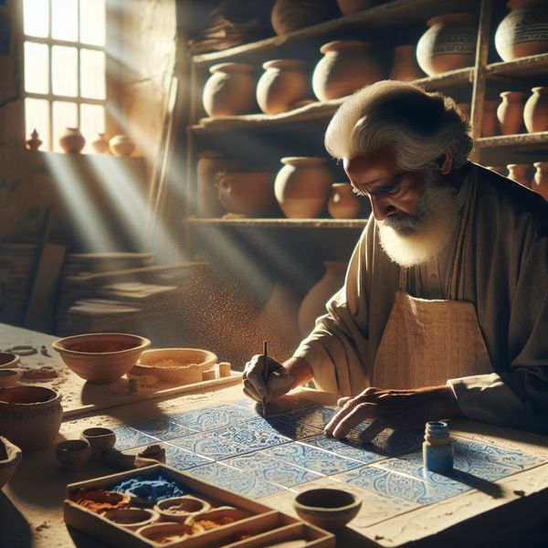 A medium shot of an elderly artisan in a sunlit Mediterranean workshop, carefully hand-painting i...