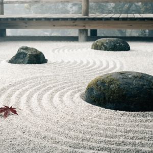 A cinematic wide-angle shot of a serene Japanese rock gar...