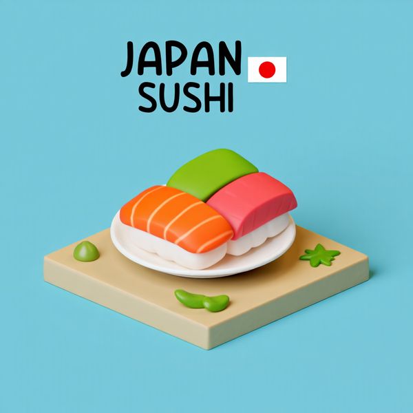 AI image generated by Reve Image 1.0, ranked #21 of 72 in the "Isometric Miniature Diorama Scenes" arena challenge — prompt: Create a clear, 45° top-down isometric miniature 3D cartoon scene of Japan's signature dish: sushi, with soft refined textures, realistic PBR materials, gentle lighting, on a small raised diorama base with minimal garnish and plate. Solid light blue background. At top-center: 'JAPAN' in large bold text, 'SUSHI' below it, small flag icon. Perfectly centered, ultra-clean, high-clarity, square format.