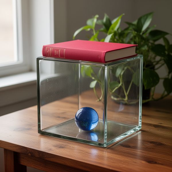 A glass cube on a wooden table. Inside the cube is a small blue sphere. On top of the cube sits a...