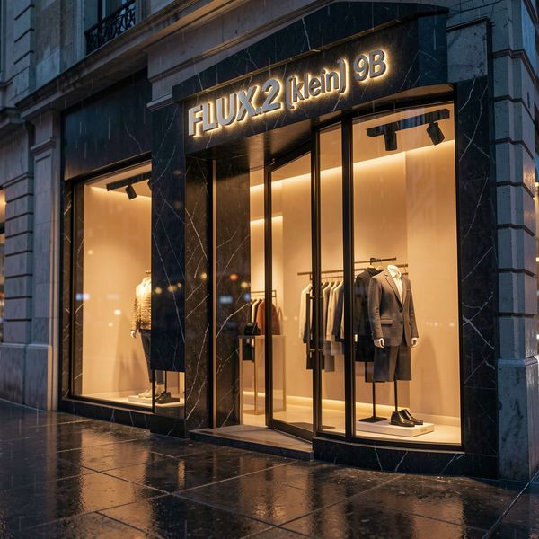 AI image generated by FLUX.2 [klein] 9B — prompt: Cinematic wide shot of a sophisticated, high-end boutique storefront at dusk. The shop window is elegantly lit with warm amber tones, showcasing minimalist luxury fashion. Above the dark marble entrance, the brand name "FLUX.2 [klein] 9B" is rendered in a premium, backlit brushed-metal typography. The street is wet from a light rain, reflecting the vibrant city lights and the architectural detail of the building. Shallow depth of field, professional color grading with deep blues and rich gold accents, 16:9 aspect ratio.