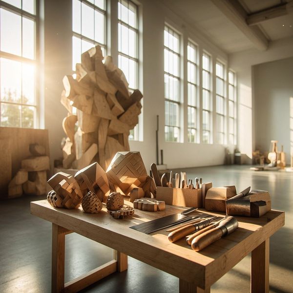 A cinematic wide-angle shot of a minimalist wooden sculptor's studio. Sunlight streams through la...