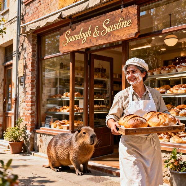 A cozy street-side bakery with a wooden sign that says "Sourdough & Sunshine" in elegant gold scr...