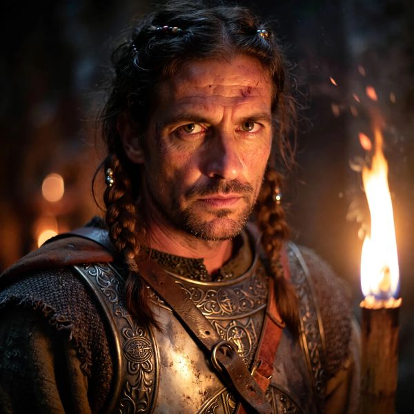 Close portrait of a battle-worn paladin in ornate engraved plate armor, hair braided with small b...