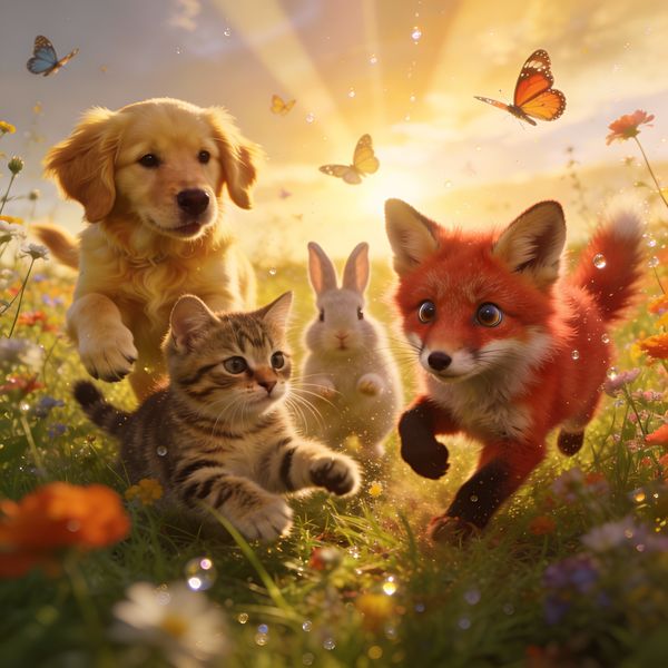 AI image generated by Seedream 4.5, ranked #19 of 27 in the "Adorable Baby Animals in Sunny Meadow" arena challenge — prompt: Hyper-photorealistic scene of fluffy baby animals—a golden retriever puppy, tabby kitten, baby bunny, and red fox kit—with big expressive eyes and ultra-detailed soft fur, playfully chasing butterflies and tumbling together in a lush wildflower meadow, warm golden sunrise light with god rays and dew sparkles, joyful wholesome vibe, 8K masterpiece.