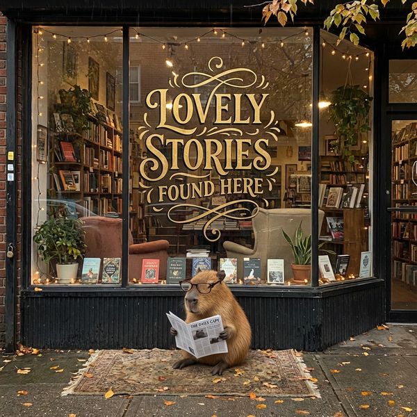A cozy indie bookstore storefront with a large glass window displaying a hand-painted sign that r...