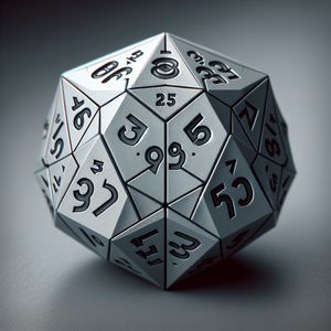 A twenty-sided die (D20) with the first twenty prime numb...