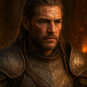 Close portrait of a battle-worn paladin in ornate engrave...