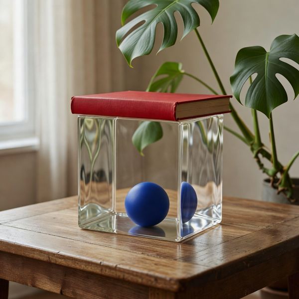 A glass cube on a wooden table. Inside the cube is a small blue sphere. On top of the cube sits a...