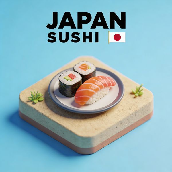 AI image generated by Seedream 4.5, ranked #1 of 21 in the "Isometric Miniature Diorama Scenes" arena challenge — prompt: Create a clear, 45° top-down isometric miniature 3D cartoon scene of Japan's signature dish: sushi, with soft refined textures, realistic PBR materials, gentle lighting, on a small raised diorama base with minimal garnish and plate. Solid light blue background. At top-center: 'JAPAN' in large bold text, 'SUSHI' below it, small flag icon. Perfectly centered, ultra-clean, high-clarity, square format.