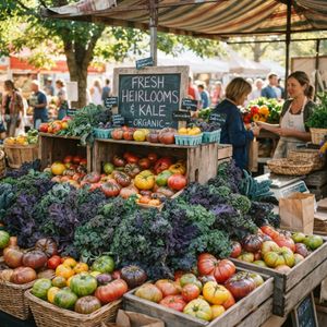 Abundant farmers market stall, overflowing baskets of hei...