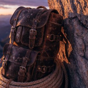 A cinematic close-up of a weathered leather mountaineerin...
