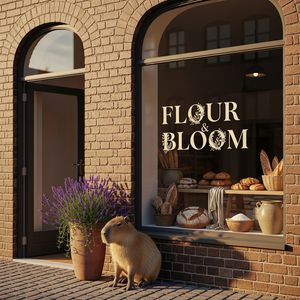 A sun-drenched artisanal bakery storefront with a large g...