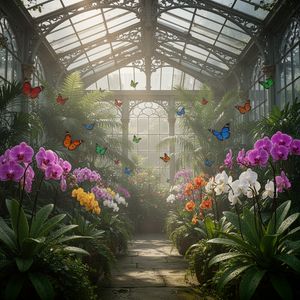 Hyper-photorealistic interior of a lush Victorian glass g...