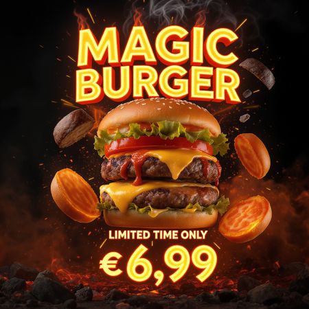 FLUX.1 Kontext [max] benchmark result for Magic Burger Explosion: Fiery Photorealism Challenge
