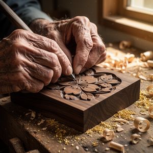 A hyper-realistic close-up of an elderly craftsman's weat...
