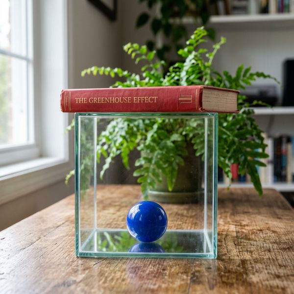 A glass cube on a wooden table. Inside the cube is a small blue sphere. On top of the cube sits a...