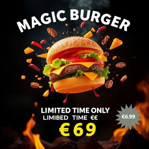 Ad for 'Magic Burger'. Dynamic, exploded burger with all ...