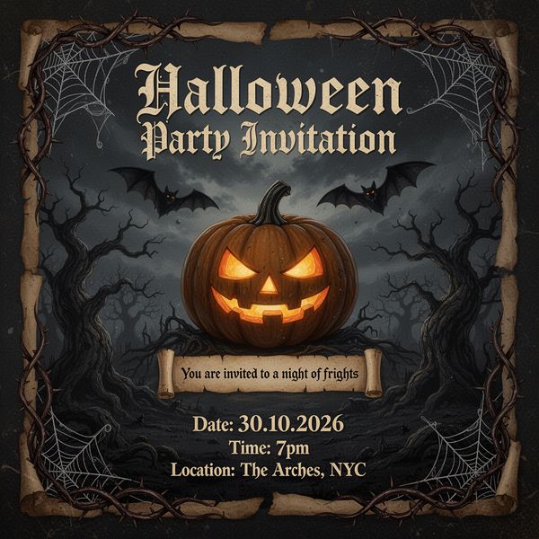 AI image generated by FLUX.2 [dev] Turbo, ranked #11 of 23 in the "The Halloween Invitation" arena challenge — prompt: Vintage gothic Halloween party invitation. Dark parchment poster, spooky border with webs and thorns, central glowing jack-o-lantern, bats, twisted trees, moody night sky. Add elegant gothic title text saying "Halloween Party Invitation", a small scroll banner saying "You are invited to a night of frights", and event details at the bottom:
Date: 30.10.2026
Time: 7pm
Location: The Arches, NYC

Spooky but polished, cinematic lighting, square format.