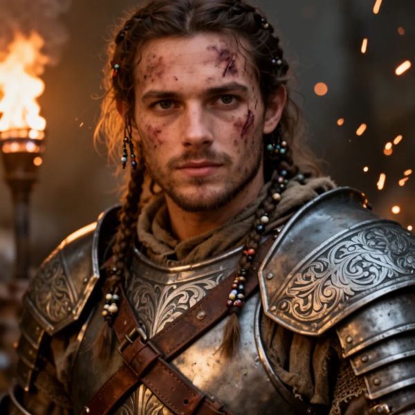 AI image generated by FLUX.2 [dev], ranked #1 of 14 in the "Fantasy Warrior" arena challenge — prompt: Close portrait of a battle-worn paladin in ornate engraved plate armor, hair braided with small beads, faint scars and dirt on the skin, warm torchlight reflecting off metal, shallow depth of field, bokeh sparks, lifelike eyes, highly detailed texture on leather straps and cloth underlayer.