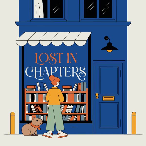 AI image generated by Recraft V4 SVG — prompt: Minimalist flat vector design of a cozy bookstore window. Large elegant typography on the glass reads "LOST IN CHAPTERS". Inside, a person browses shelves. A small capybara sits quietly on the sidewalk by the door, wearing a tiny scarf.