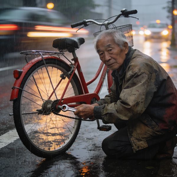 AI image generated by Seedream 4.5, ranked #2 of 24 in the "Candid Street Photography" arena challenge — prompt: A candid street photo of an elderly Japanese man repairing a red bicycle in light rain, reflections on wet pavement, shallow depth of field, 50mm lens, natural skin texture, imperfect framing, motion blur from passing cars, cinematic but realistic, no stylization.