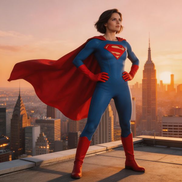 AI image generated by Seedream 5.0 Lite, ranked #18 of 21 in the "Heroic Super Hero Portrait" arena challenge — prompt: Hyper-photorealistic full-body portrait of a female superhero standing triumphantly on a New York skyscraper rooftop at golden sunset, wearing a classic modest superhero costume with flowing cape, chest emblem, gloves, and boots in red and blue colors, practical design, short hair, strong determined heroic expression looking into the distance, powerful confident stance with hands on hips and cape billowing dramatically in the wind, detailed urban cityscape background, warm natural sunlight with sharp shadows and fabric highlights, ultra-sharp textures on suit, hair, and concrete, 8K masterpiece, empowering family-friendly style.